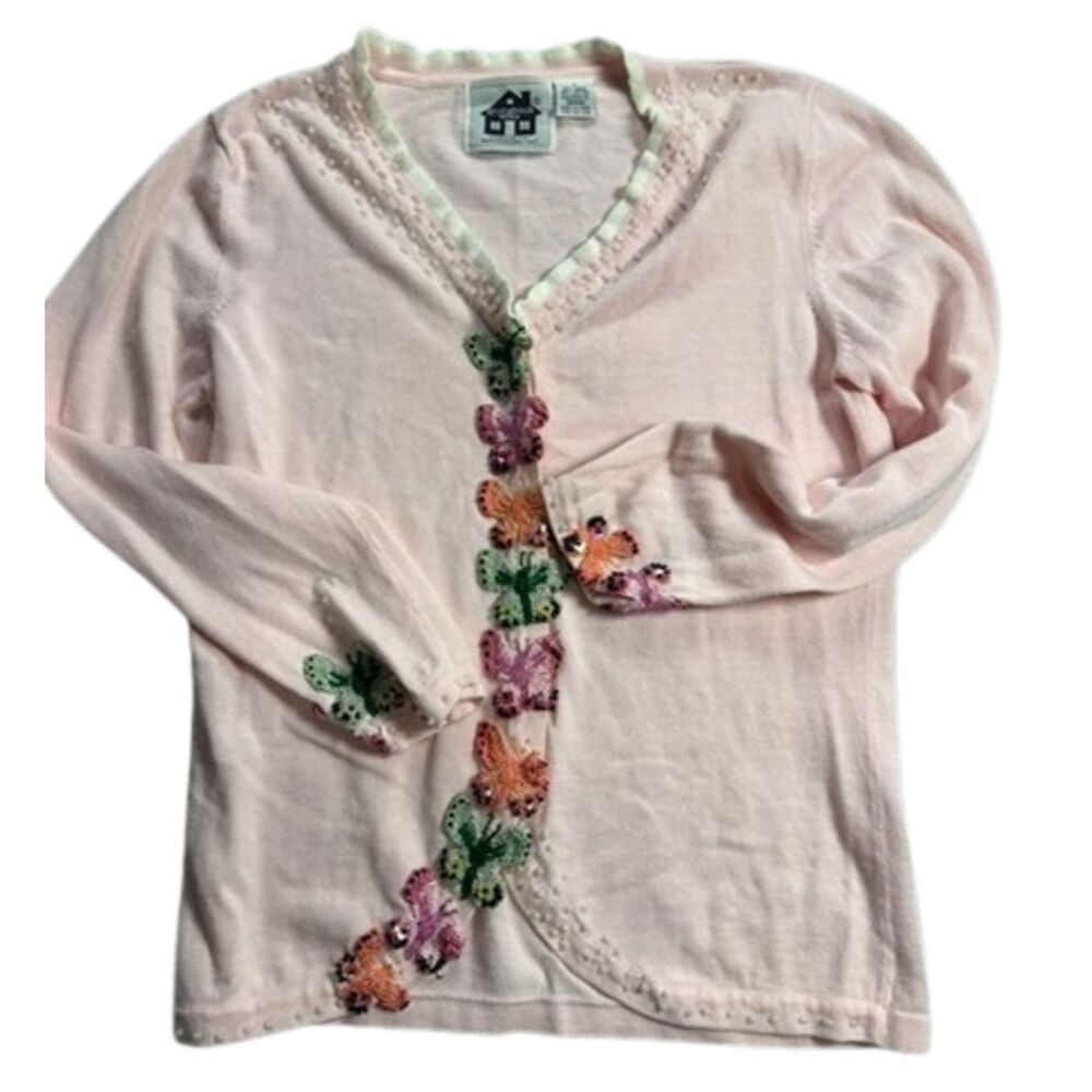 Vintage Storybook Knits Butterfly Cardigan Womens S Pink Beaded Y2K Cottagecore